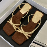 Bonnyshow  New Design Narrow Band Women Sandals Summer Square Open Toe Thin Heels Party Dress Slip-on Ladies Shoes