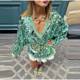 Bonnyshow  Retro Large Sequins Lace Up Shirt Women Fashion Glitter Loose Solid V-neck Open Shirts Coat Female 2025 Chic Street Outwear
