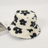 Bonnyshow Korean Flower Plush Bucket Hat for Women Winter Warm Faux Fur Fishermen Cap Solid Color Floral Female Basin Hats