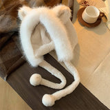 Bonnyshow Cute Plush Winter Hat for Women Cartoon Warm Female Ear Protection Cap Korean Solid Color Thicken Faux Fur Girl Ski Bonnet