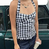 Bonnyshow  Polka Dot/Plaid Pattern Halter Crop Tops Summer Holiday Slim Fit Camis Tops Y2k Fairycore Ruffles Hem Backless Vest