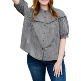 Bonnyshow  Women s Plaid Button Down Shirt Casual Loose Fit 3 4 Long Sleeve Round Neck Tops Comfortable Casual Wear Stylish Checkered