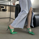 Bonnyshow  Satin Button Pointed Toe Mules Pumps Women Slipper Fashion Shallow Thin High Heels Ladies Shoes