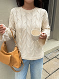 Bonnyshow  Solid Twisted Flower Sweater Women Round Neck Long Sleeve Knitted Jumper Autumn New Casual Fashion Simple Pullover Sweaters Lady