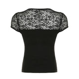 Bonnyshow  Hook Floral Lace Patchwork Top Black Sexy Cut Out Bow Decorate Short Sleeve T-shirt Elegant Slimming Clothes Summer
