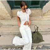 Bonnyshow  Chic Street Hollow Puffy Sleeve Shirt Women Retro White Slim O-neck Lace Up Short Shirts Lady 2025 Summer Fashion Versatile Tops
