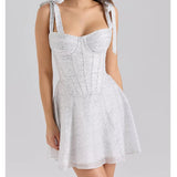 Bonnyshow  Sexy Corset Style Sling Polka Dot Mini Dress Women Lace Up Bandage Back Low Waist  A-line Summer Dresses Party Robe