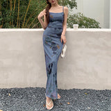 Bonnyshow Women's Maxi Dress New Summer Sexy Backless Sling Sleeveless Mesh Dress Fashion Streetwear Print Casual Slim Party Lady Dresses