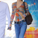 Bonnyshow  All-print Mesh Cropped Top Autumn Vintage Applique Tie-up V-neck T-shirt Long Sleeve Boho Aesthetic Streetwear Sexy