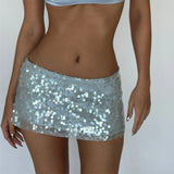Bonnyshow  Silver Sequin Skirt Woman High Waist Mini Skirt Woman Fashion Shiny Glitter Elegant Short Skirts For Women Y2k Skirts