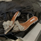 Bonnyshow  Butterfly-Knot CRYSTAL Transparent Women Pumps Elegant Pointed Toe Slingbacks Sandals Clear Low Heels Shoes