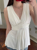 Bonnyshow  Simple Solid Fashion Slim Fit Ruched Women Vest Tops Chic V-Neck Sleeveless Sweet Basic Summer Blouses