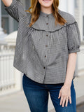 Bonnyshow  Women s Plaid Button Down Shirt Casual Loose Fit 3 4 Long Sleeve Round Neck Tops Comfortable Casual Wear Stylish Checkered