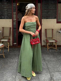 Bonnyshow  Green Sleeveless Pleated Strapless Midi Dress Women's Elegant Off Shoulder High Waist Vestidos 2025 Summer Vacation Street Gowns