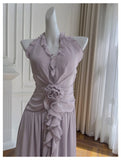 Bonnyshow  Womens Elegant Purple Halter Neck Maxi Dress Ruffled Neckline Ruched Waist Floral Detail Formal Evening Party