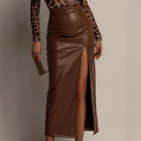 Bonnyshow  Vintage Split PU Leather Skirts Women Loose Commuter High Waist Hip Package Female Skirts 2025 Early Spring Lady Streetwears