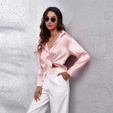 Bonnyshow  Women Spring Autumn Style Satin Blouses Shirts Lady Casual Long Sleeve Turn-down Collar Solid Color Blusas Tops