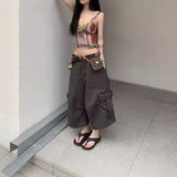 Bonnyshow American Retro Street Ruched Straight Cargo Pants Women Y2k Grunge Adjustable Grunge 2024 Summer New Loose Wide Leg Pants