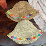 Bonnyshow Flowers Adults Female Straw Hat Summer Hats Korean Fashions Caps Women Beach Seaside Vacation UV Sunscreen Foldable Sun Hat