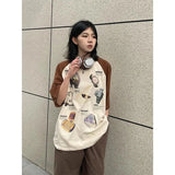 Bonnyshow Streetwear Vintage T Shirts Contrast Color Letter Print Half Sleeve Tops Summer Casual Loose Fashion All Match Women Clothes