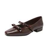 Bonnyshow  Women's Flat Shoes Thick Heeled Square Head Fashion Sweet Single Shoes Bow Elegant Commuter Small Leather Shoes