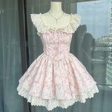 Bonnyshow  Sweet Girl Square Neck Small Flying Sleeves Bow Floral Dress Women Summer French Pincess Style Spliced Lace Cake Fluffy Dresses