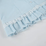 Bonnyshow  Sweet Simple Slim Fit Lace Spliced Women Plaid Shirts Fashion Causal Ruffly Bow Fake 2 Piece Blouses