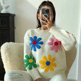 Bonnyshow Flower Crochet Women's Pullover Sweater Knitted V-neck Cardigan Cute Floral Long Sleeve Women Sweaters Autumn Fashion Pullovers