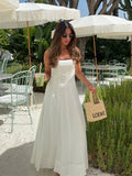 Bonnyshow  Fashion White Pleated Long Dress Women Elegant Sleeveless Square Collar A-line Maxi Dress Lady 2025 Summer Chic Street Vestidos