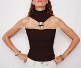 Bonnyshow  Summer Slim Top Hollow Out Shoulder Crop Vest Female Elegant Streetwear Sexy Backless Metal Ring Halter Women Tanks 2025 New