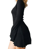 Bonnyshow Women Solid Color Ribbed Long Sleeve V-Neck Slim Fit Party Mini Dress Fashion Spring Autumn Slim A-Line Dress