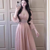 Bonnyshow  French Style Summer Light Luxury High-end Pink Vintage Beading Dress Women Lantern Sleeves V-Neck High Waist Elegant Dress