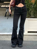 Bonnyshow  Stripe Slim Vintage Chic Jeans Zipper Pockets Fashion Low Waisted Button 90s Pants Streetwear All-match For Women