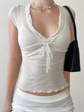 Bonnyshow  V-neck Lace Patchwork Transparent Tees White Summer Mesh Sexy Bandage Chic T-shirt Hottie Slim Solid Retro Tops