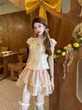 Bonnyshow  Summer Sweet Girls Two Piece Skirt Sets Lace Splicing Puff Sleeve Slim Shirt Tops + High Waist A Line Mini Skirt Outfits