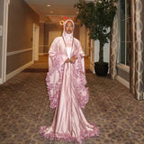 Bonnyshow Arabic Muslim Pink Long Robe Ruffles Trimmed A-line Modest Evening Dresses With Hoddies kaftan Full Sleeves Evening Gowns