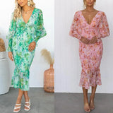 Bonnyshow  Summer Fashion New Style Women's Dress Elastic Waist Long Sleeve V-neck Printed Ruffle Edge Tight Hip Wrapping Dress