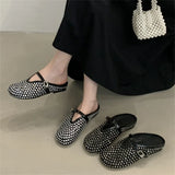 Bonnyshow  Fashion Design Crystal Rhinestone Round Toe Buckle Strap Mules Slippers Women Elegant Low Heels Casual Party Dress Shoes