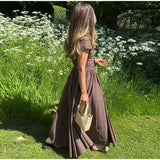 Bonnyshow  Solid Pleated Short Sleeve Women Dress Minimalist Waist Loose Skirt 2025 Summer Casual Female Vestido Daily Commuting Lady Robe