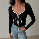 Bonnyshow Clashing Colors Patchwork Lace-Up V-Neck Square Neck Short Navel-Gazing Long Sleeve Top Fall For Hottie Girl Wear
