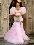 Bonnyshow Aso Ebi Stylished Sparkle Sequined Pink Long Mermaid Evening Dresses With Big Volume Ruffles Tulle Bottom African Evening Gowns