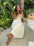 Bonnyshow  Fashion White Pleated Long Dress Women Elegant Sleeveless Square Collar A-line Maxi Dress Lady 2025 Summer Chic Street Vestidos
