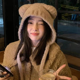 Bonnyshow Winter Knitted Plush Hat Women Cute Cartoon Bear Ear Ear Protection Cap Korean Autumn Solid Color Warm Windproof Hats