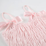 Bonnyshow  Simple Fashion Solid Ruched Women Sweet 2 Piece Set Summer Causal Bow Design Trendy Suit