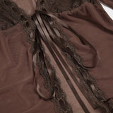 Bonnyshow  y2k Brown Mesh Spliced Lace Cardigan Women Lace-Up flared Sleeve Rufed T-Shirt Aesthetic Transparent Top summer Clothes