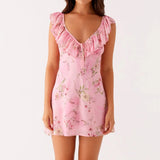 Bonnyshow  Women Backless Mini Dress Sexy Sleeveless Ruffle Shoulder Short Dress Floral Print Low Cut Tie Back A-line Dress