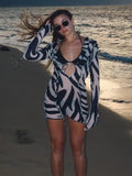 Bonnyshow  - V-Neck See-Through Zebra Printed Mini Dress For Women Lace-Up Hollow Out Long Sleeve Party Dress Striped Sexy Female Dress