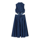 Bonnyshow  Lapel Hollowed Out Women Jeans Dresses Sexy Stand Collar Metal Button Open Waist Sleeveless Split Spring Autumn Lady Denim Dress