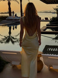 Bonnyshow  Sexy Backless Off Shoulder Lace-up Yellow Satin Dress Women Fashion Sleeveless Bodycon Midi Dresses Summer New Beach Party Robe