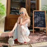 Bonnyshow  Summer Women Long Dress Sleeveless Patchwork Floral Gingham Spaghetti Strap Elegant Slim Maxi Dress Casual Vacation Beachwear